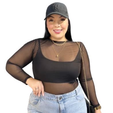 Body MANGA LONGA TULE PLUS SIZE BODY TULE TRANSPARENTE PRETO