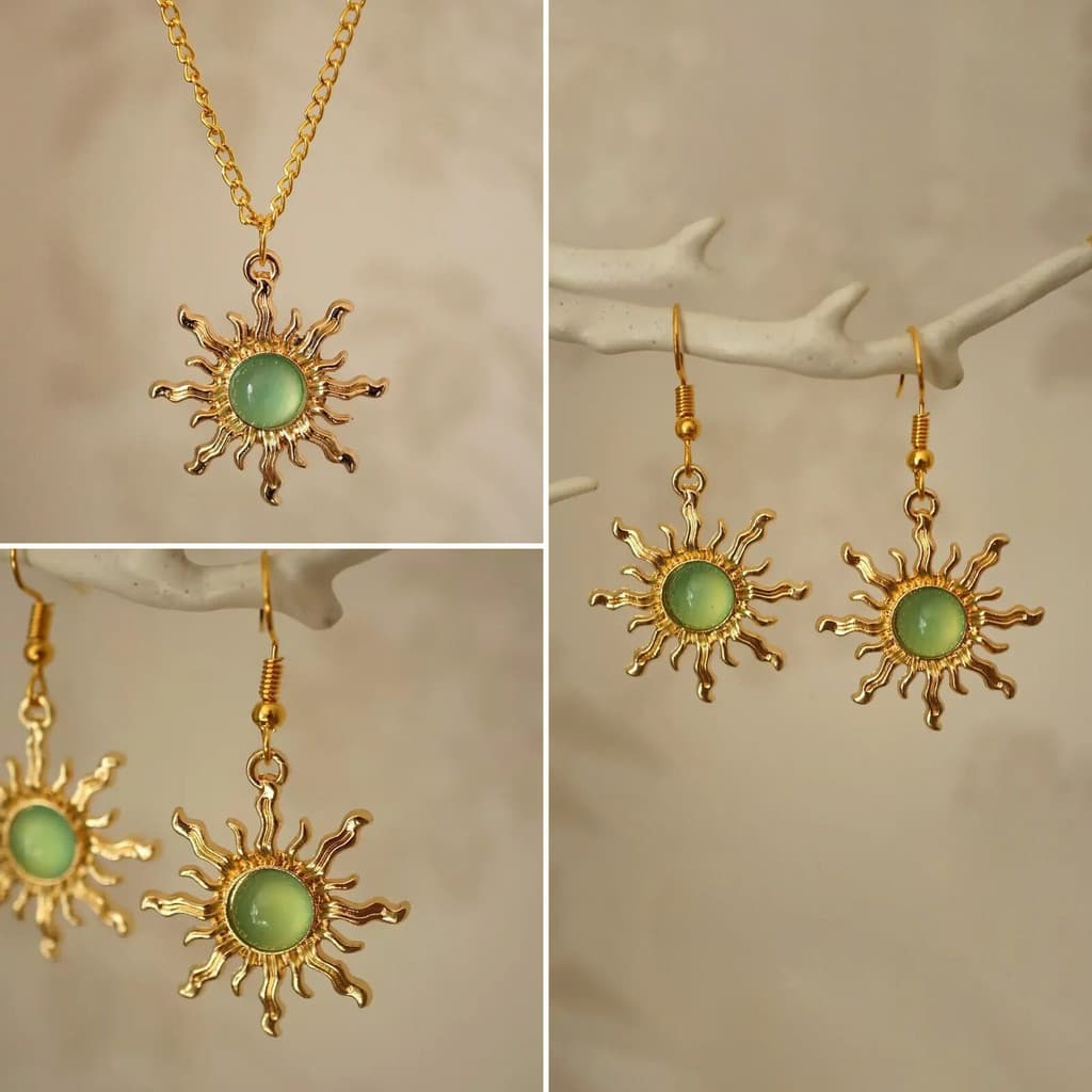 Brincos femininos estilo boêmio, tendência de sol dourado e verde claro, conjunto versátil de brincos de colar