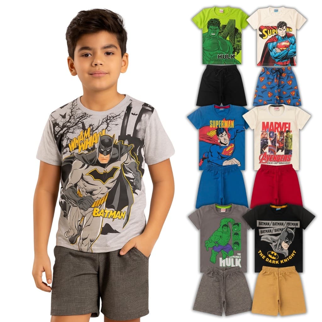Kits de Roupa Menino Infantil Herói Verão 2 a 10 anos Conjunto Personagem Batman Aranha Hulk Mickey