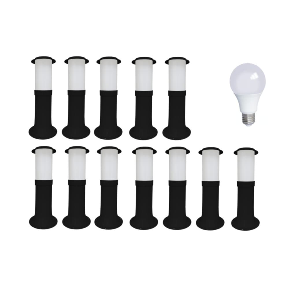 Kit 12 Poste Balizador Luminária Casa Sítio Jardim 35cm Preto + Lâmpada Amarela
