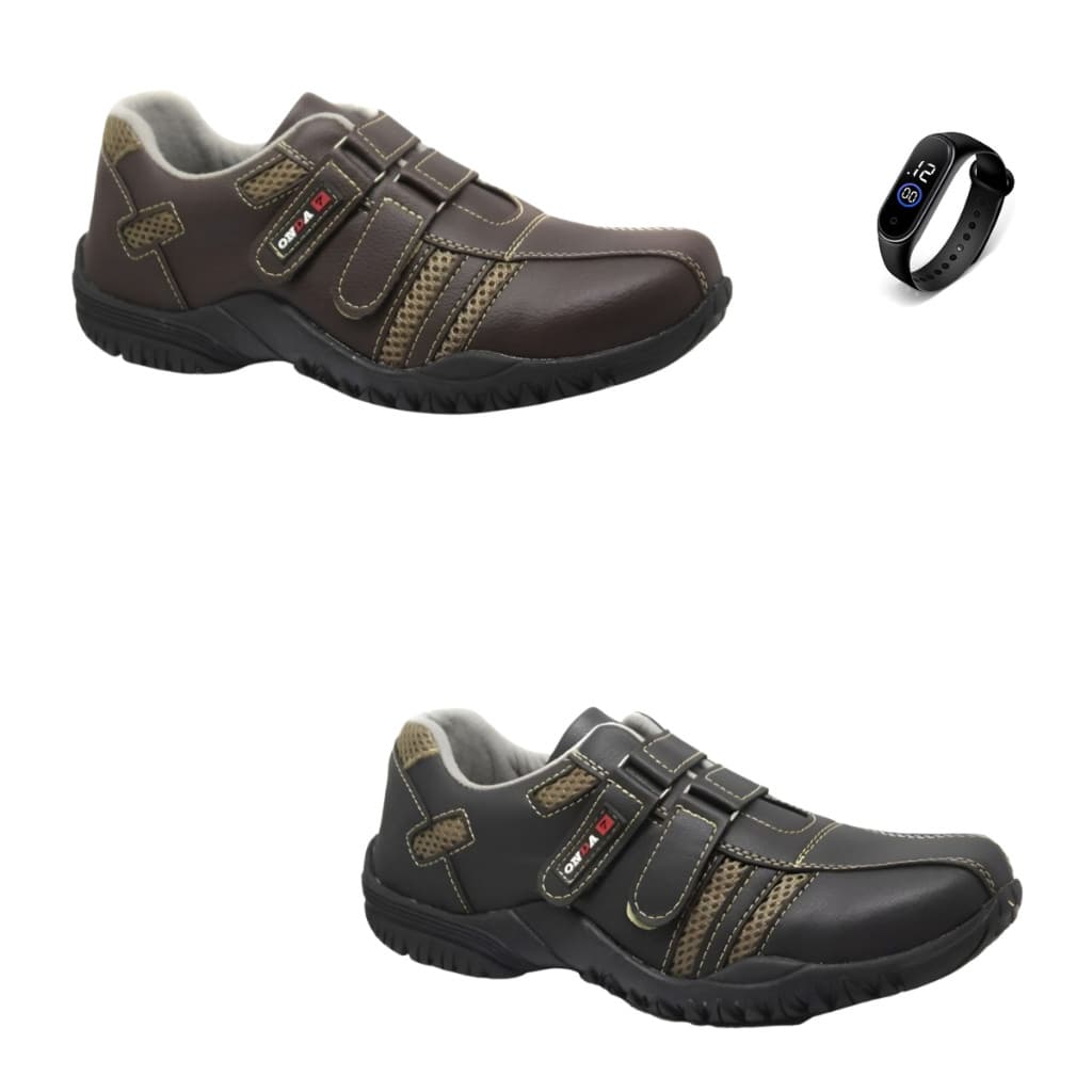 Kit Tenis Sem Cardaços de Velcro Confortavel Sapatenis Masculino Casual Relogio Digital 2 Pares