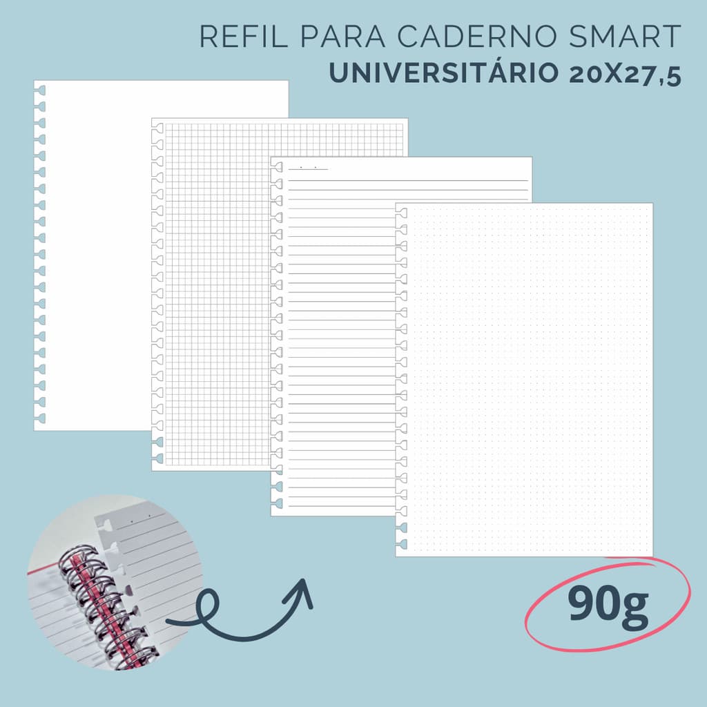 Refil para Caderno Smart Universitário – 50 folhas – 90g – Branco, Pautado, Pontado ou Quadriculado