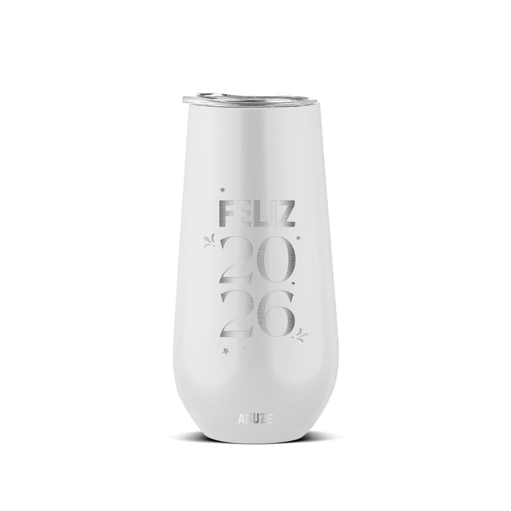 Copo Taça Térmica Aduze Champagne Drink Lux Feliz 2026 Branco 150ml