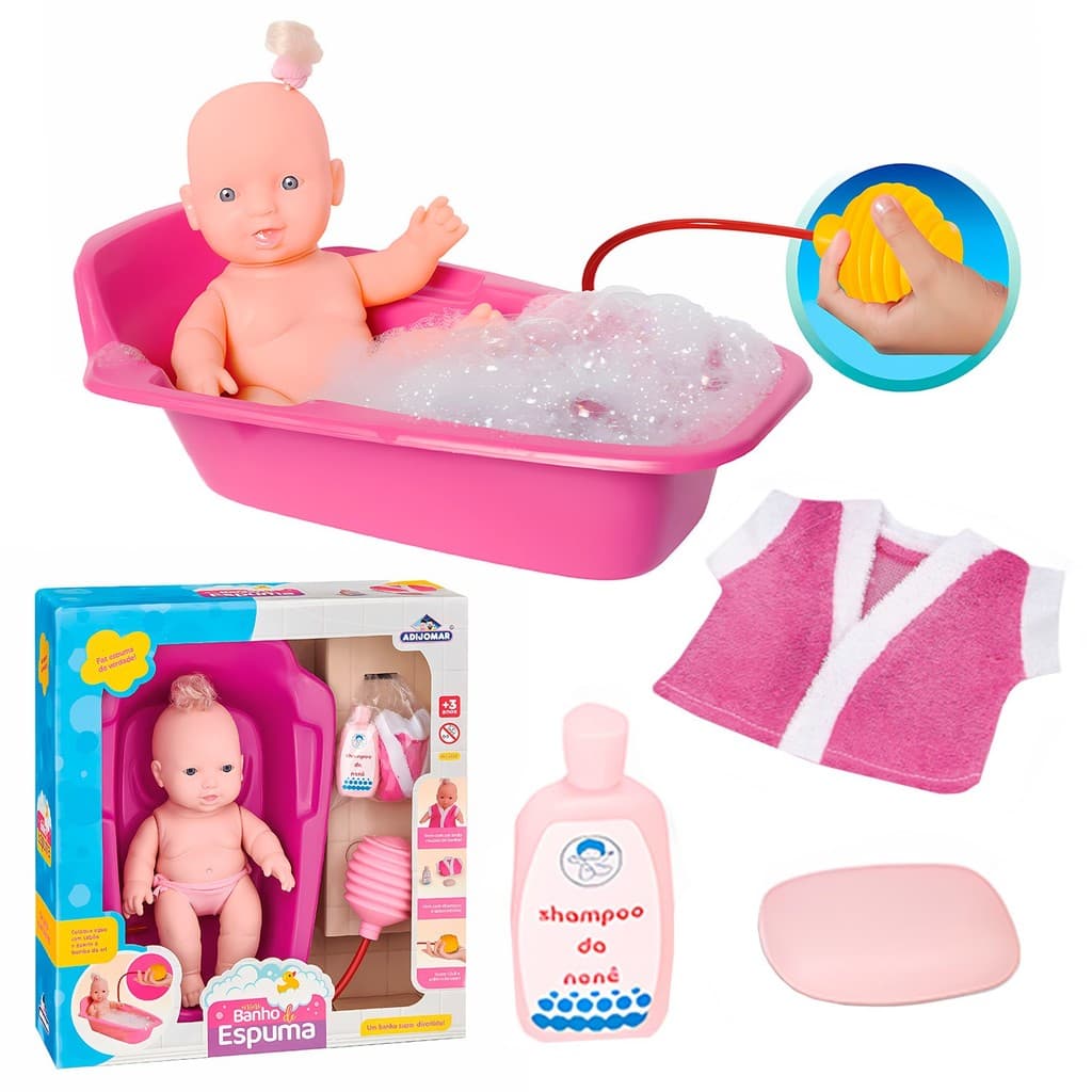 Boneca Bebê Mini Banho De Banheira Com Espuma Com Kit infantil Higiênico Shampo Sabonete - Adijomar