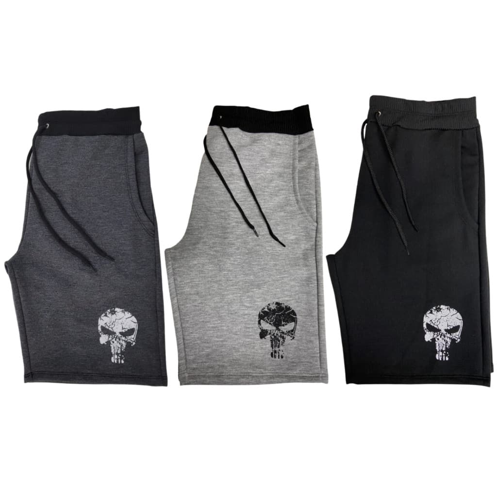 Kit 3 Bermudas Masculina Moletom Moletinho Treino Academia Caveira