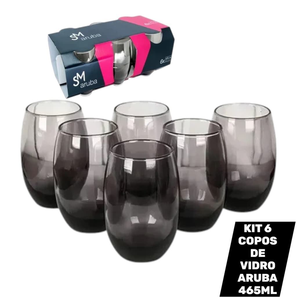 Kit 6 Copos de vidro Aruba Fume Nadir 465ML Agua Suco