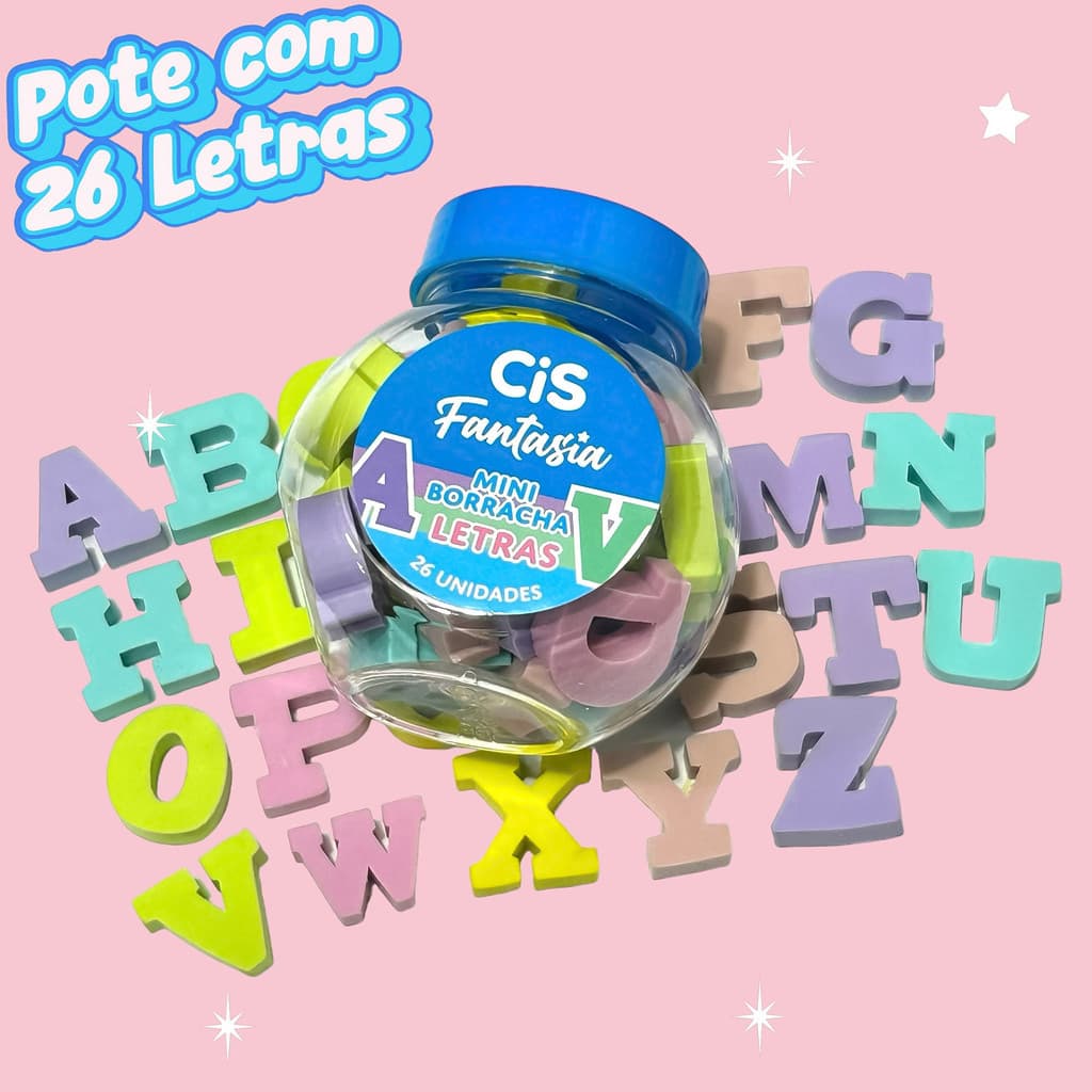 Mini Borracha Cis Fantasia Letras Pote Com 26 Unidades - Borracha Escolar Fofa fofinha (Letrinhas)