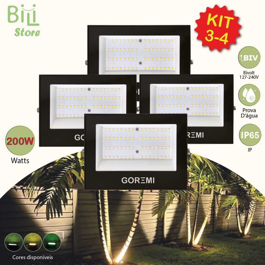 Holofote Refletor Led ECO Pro 200W Branco Frio 6500K  Branco Quente Verde| IP65 | Luz Econômica | Para Jardim