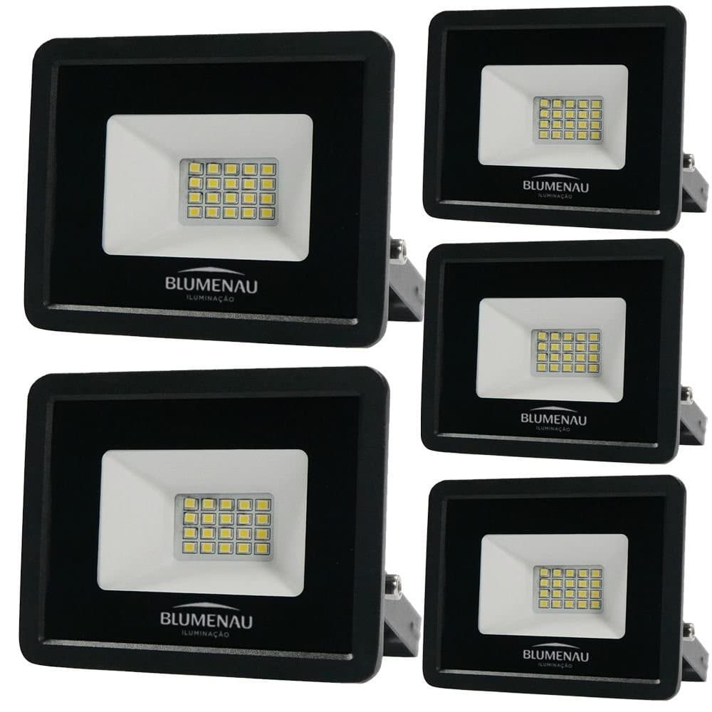 Kit 5 Refletor de Led Slim 20W Holofote Prova D'água Preto Bivolt