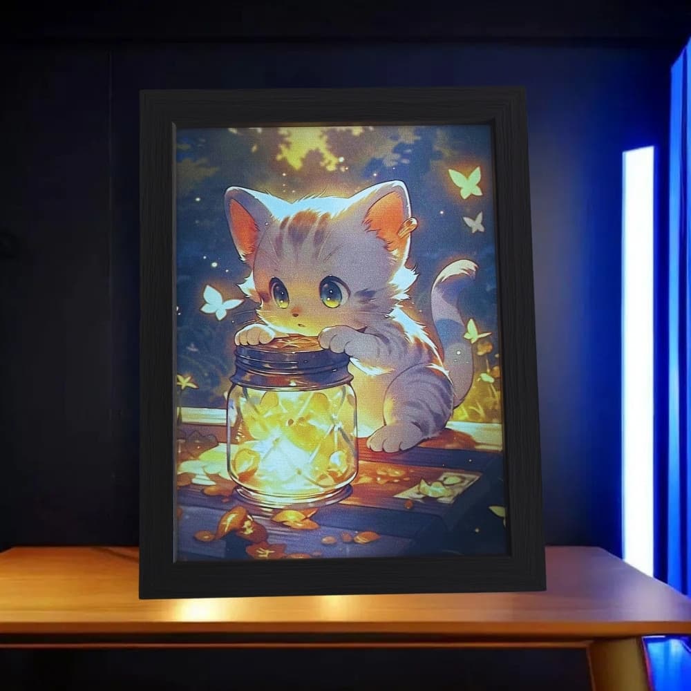 Quadro Gato com pote - 23 x 17cm LED 5V USB Luminária Gatinho Abajur Decorativo Quarto