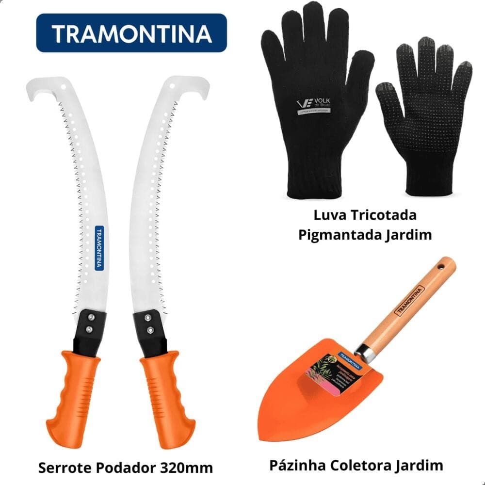 Serrote Podador Pázinha Cabo Madeira Tramontina E Luva Kit Jardinagem
