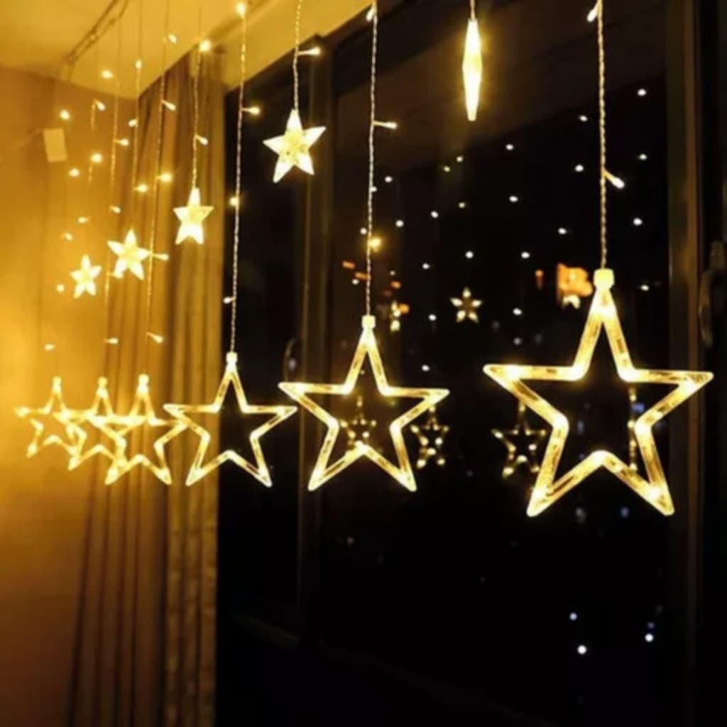 Cascata Leds Com Estrelas Decoração 8 Funções Natal Pisca Quente Frio e Coloridos
