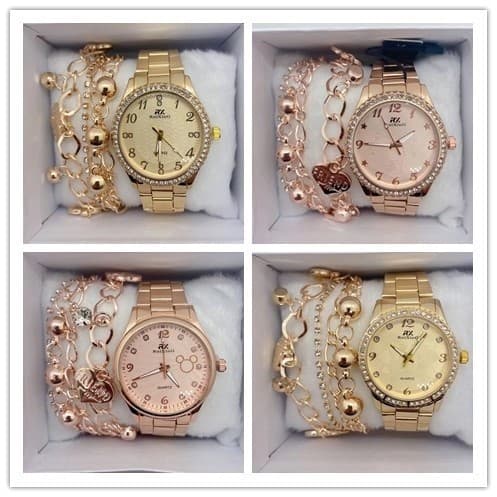 Relógio Feminino de metal Dourado Acompanha Pulseira
