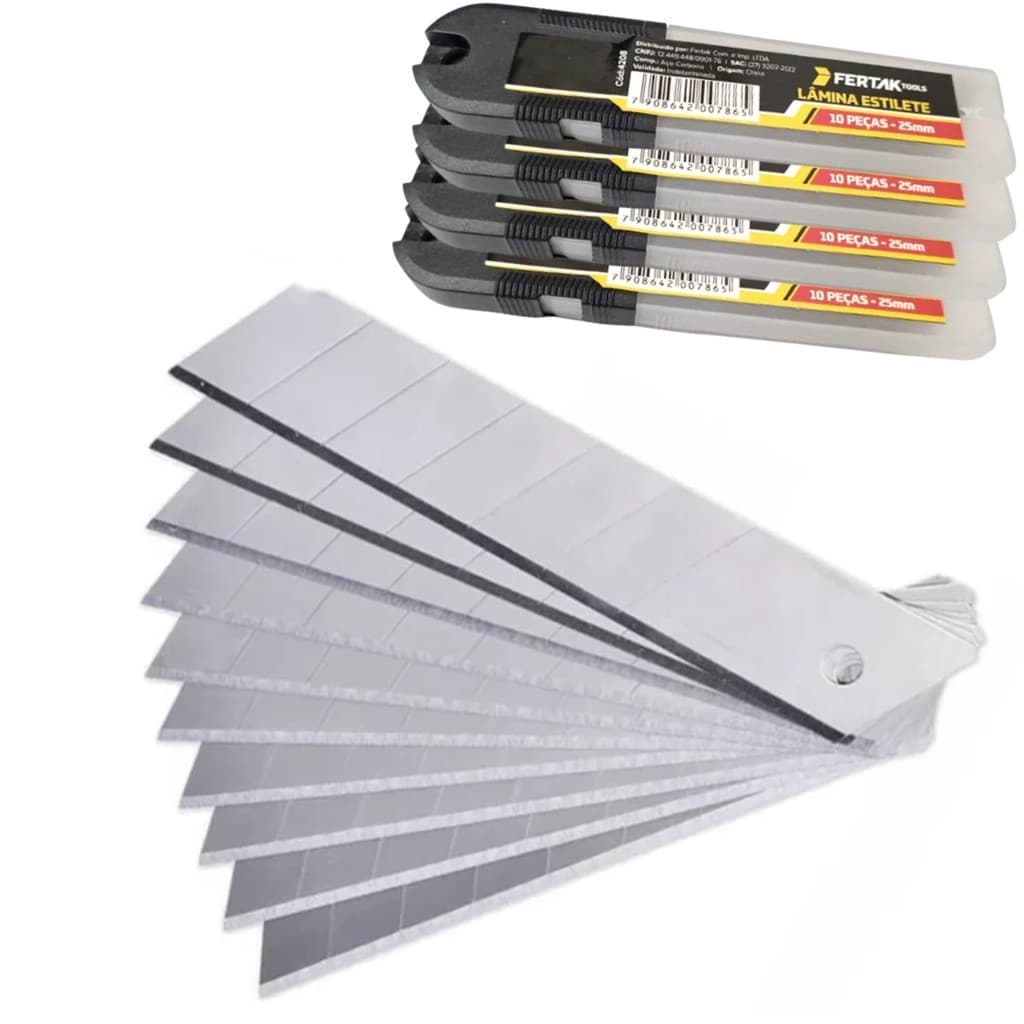 Kit Lâmina Para Estilete 25mm 40 Peças Fertak Lâmina Larga de Reposição Cortador Reforçado Oficina Obra