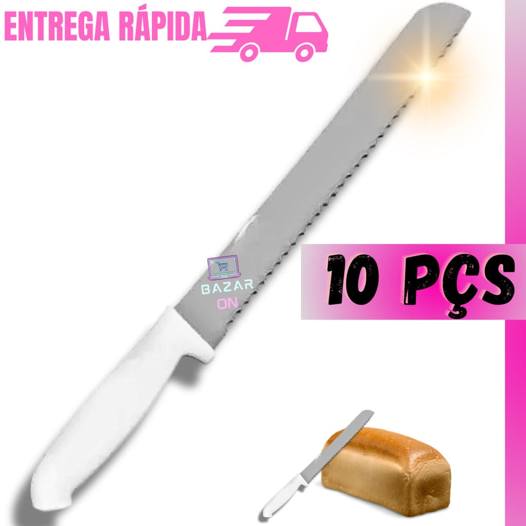 Kit 10 Facas Para Pão Grande 32cm Cabo Ergométrico Branco Serra Afiada Profissional Jogo Aço Inox