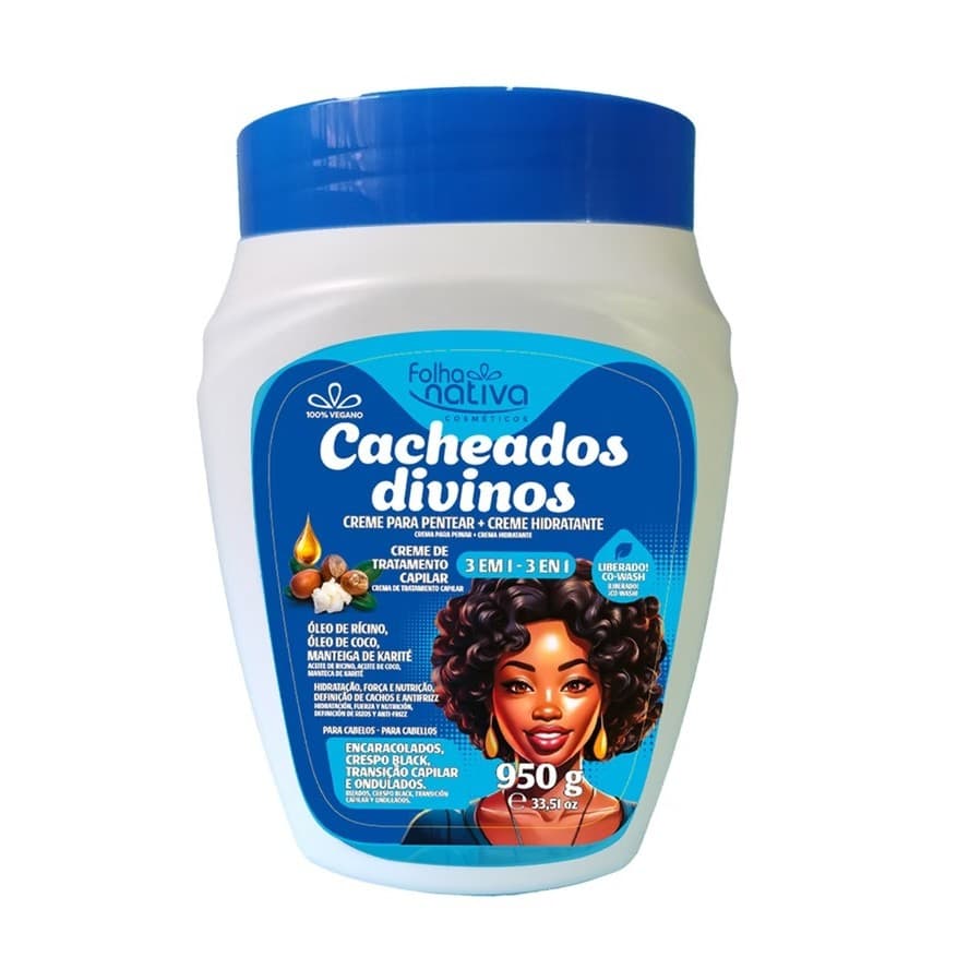 Creme Para Pentear e Creme Hidratante 4 em 1 Cachos Divinos Folha Nativa 950g Oléo de Rícino e Coco