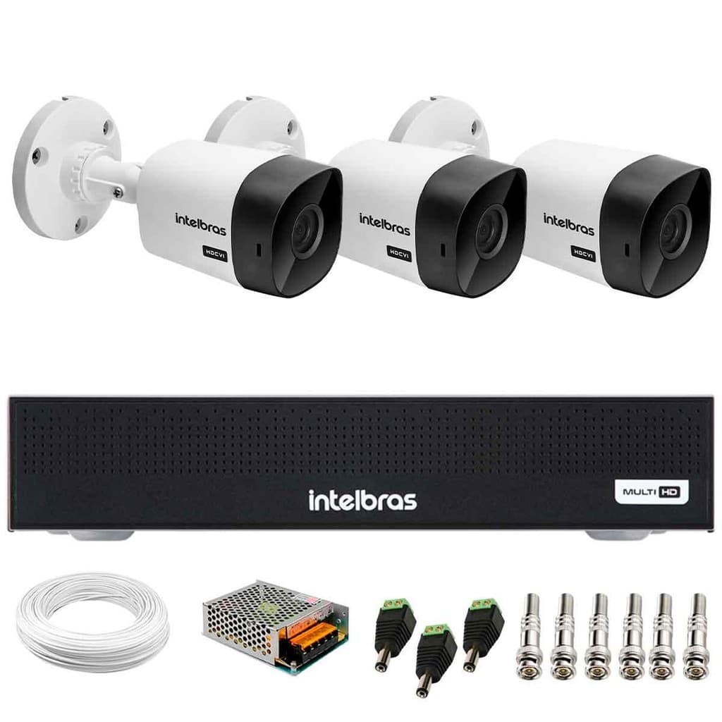 Kit 3 Câmeras Intelbras VHC 1120 B HD 720p Visão Noturna 20m Resistente à Chuva IP66 DVR Intelbras MHDX 1004-C