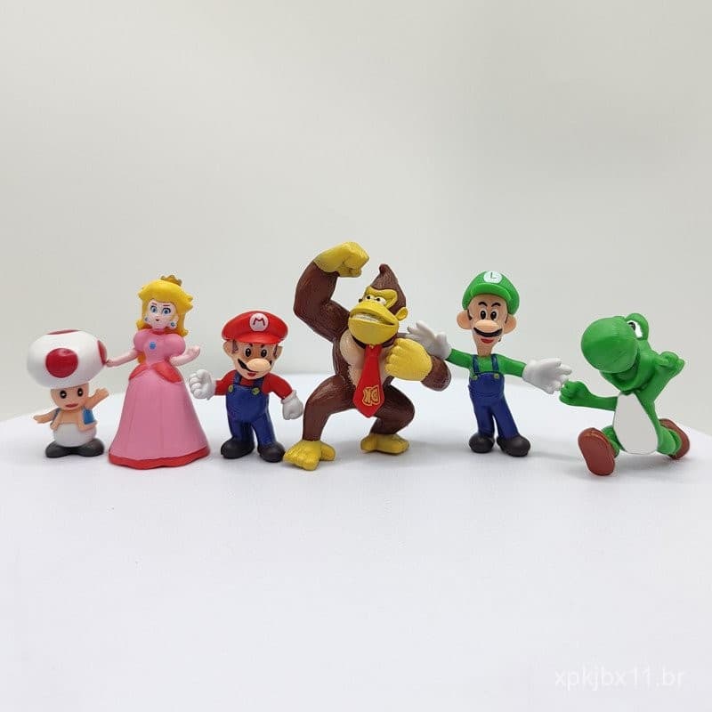 6pcs/conjunto Super Luigi Bros Figuras de Anime Boneco Yoshi Donkey Kong Cogumelo Brinquedos de Aniversário para Criança
