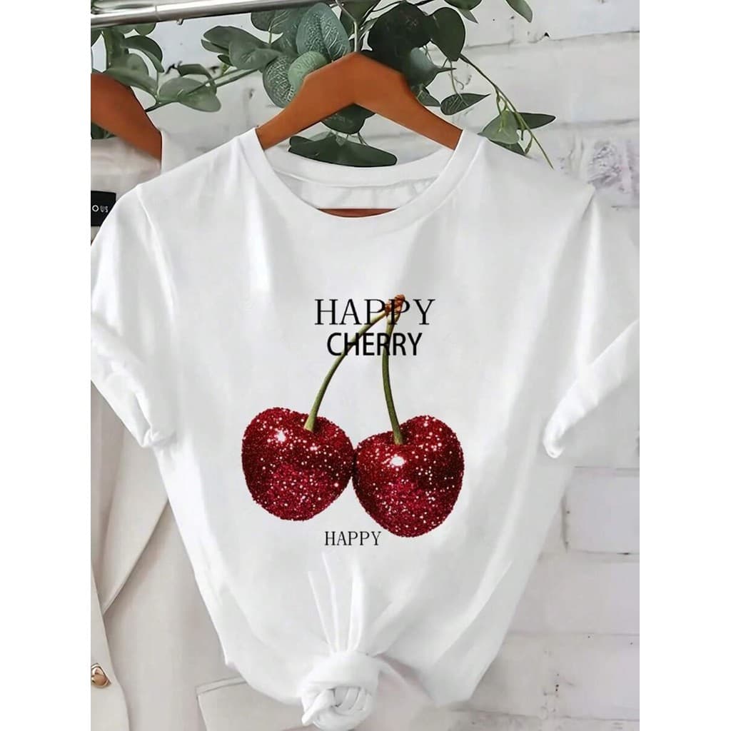 Tshirt Feminina Estilosa Estampada Cereja Happy Lançamento Camiseta 100% Algodão Camisetão Camisa Oversized Plus Size