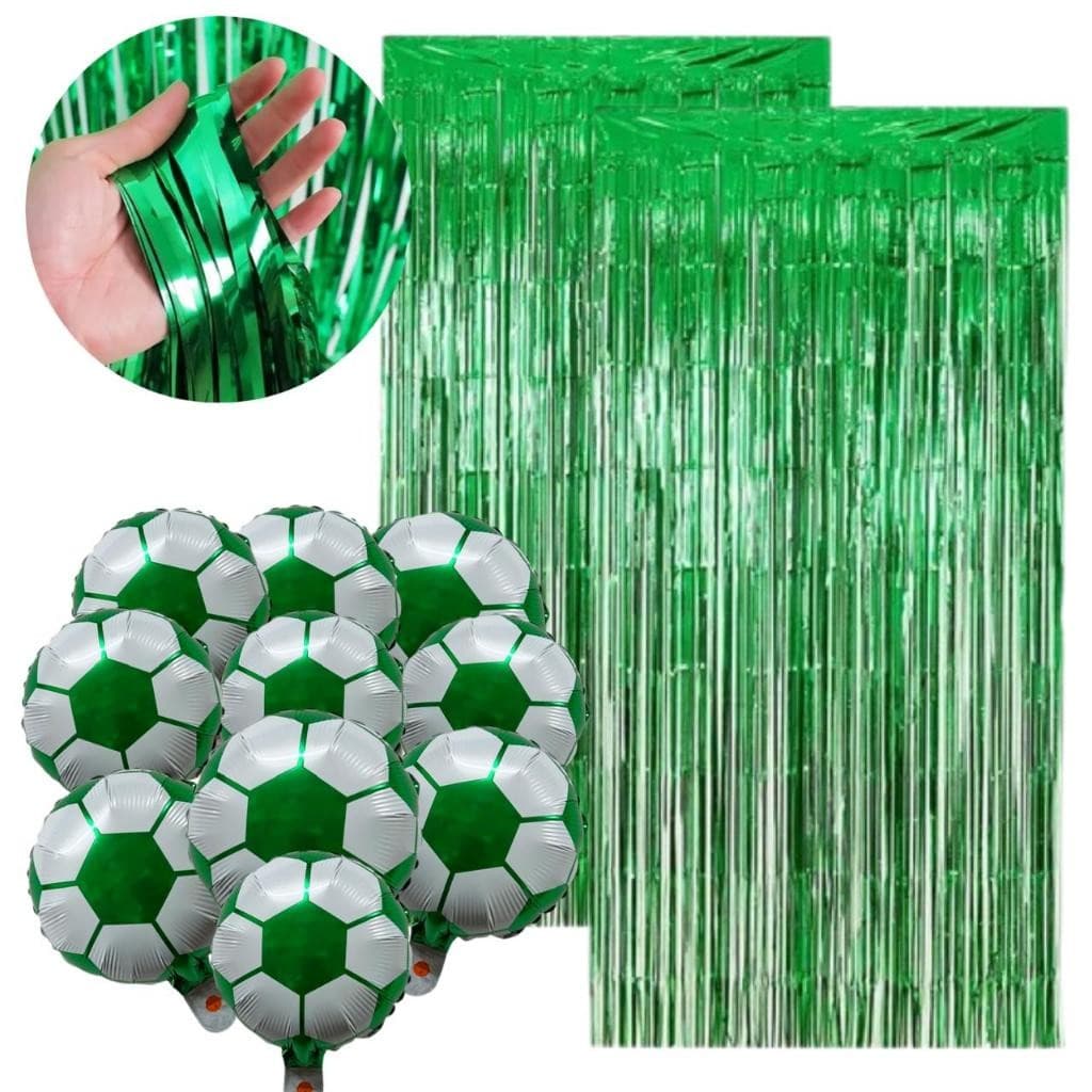 Kit Decoração 2 Cortinas Metalizada Franja Verde + Balões 10 Bola de Futebol Branco e Verde