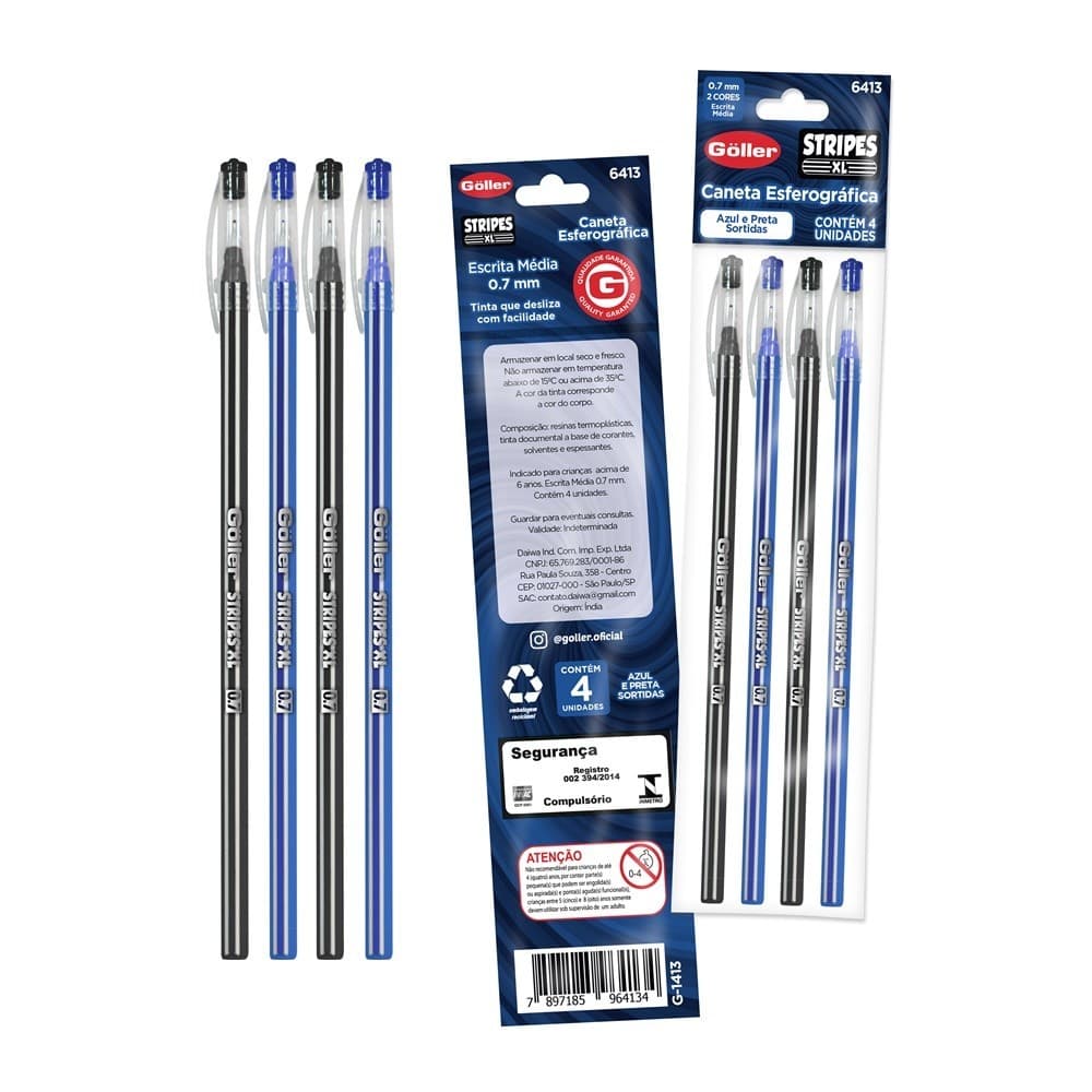 Caneta Esferográfica Stripes Xl 0.7mm Azul / Preta Com 4 Peças Göller