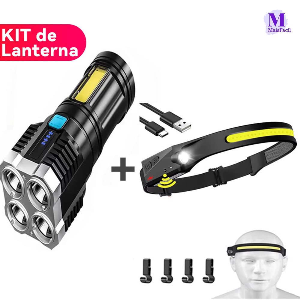 Kit De Lanterna Tatica Recarregável Cabeça Led Corpo Movimento Acampamento Tocha Luz Lâmpada Com Usb
