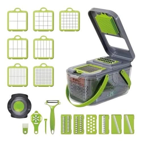 Conjunto Cortador Ralador Multifuncional 16 Pecas Manual Cozinha Cinza Verde