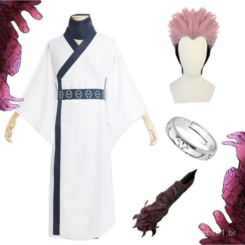Peruca de Cosplay Anime Jujutsu Kaisen Ryomen Sukuna para Homens e Mulheres Adultos, Anel de Dedo, Kimono, Uniforme Hanf