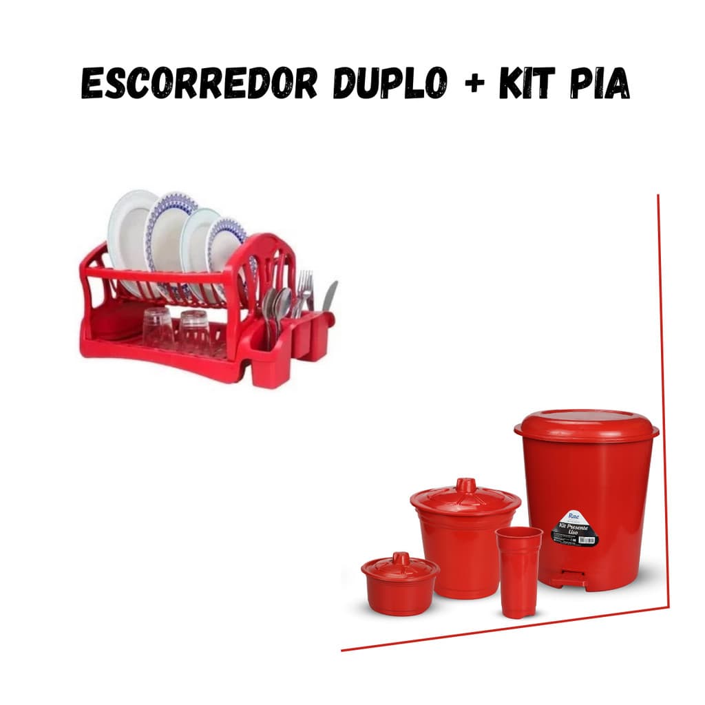 Kit Cozinha Completo com Escorredor Duplo Lixeira 12L, Lixeira Pia, Porta Esponja e Porta Detergente