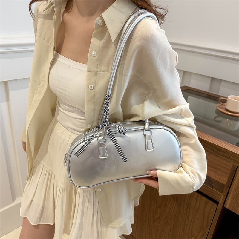 Bolsa de Ombro com Laço em Cor Sólida, Bolsa Baguete, Bolsa de Mão para Mulheres, Novo Modelo