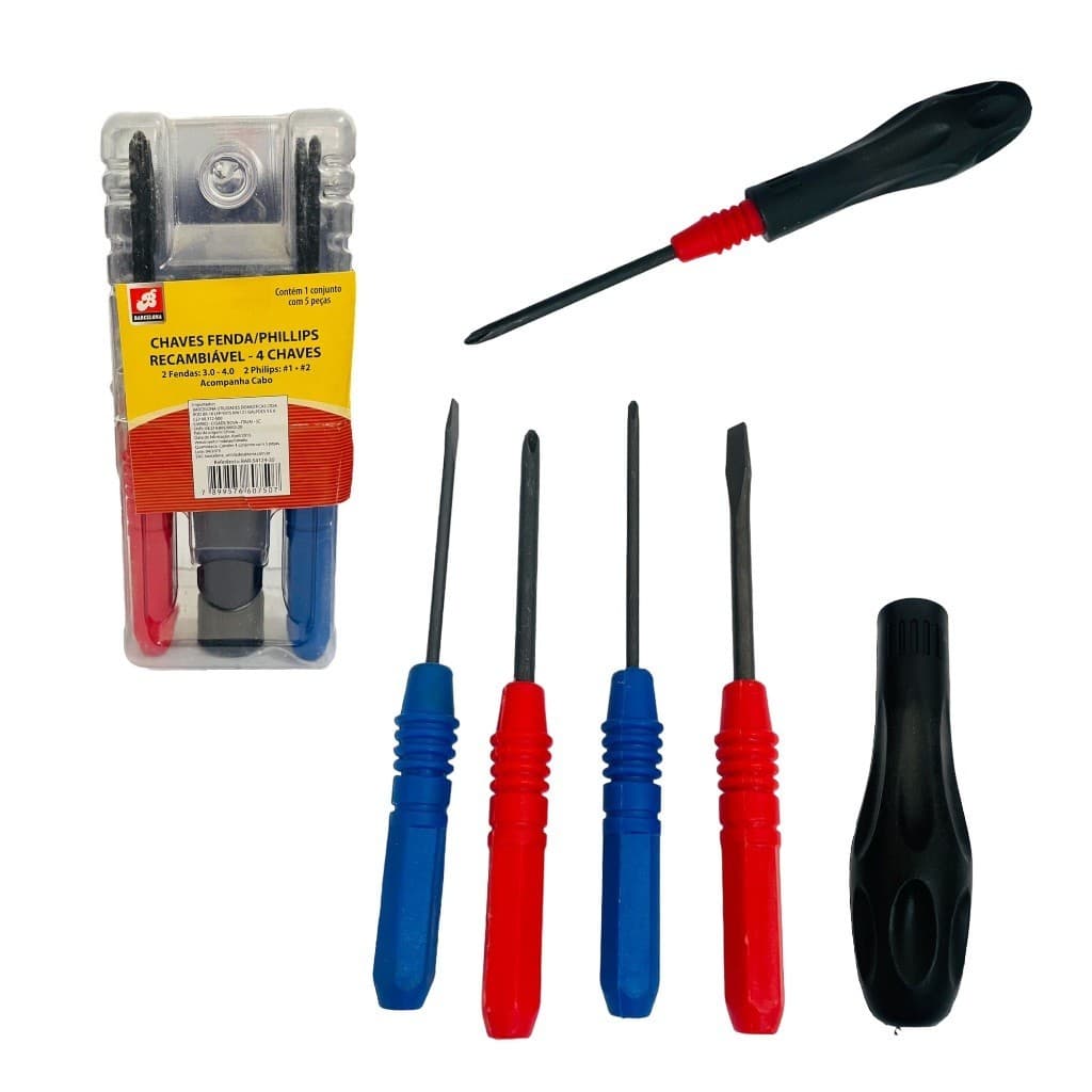 Jogo De Chave Fenda E Philips 4 Pontas + Haste De Plastico