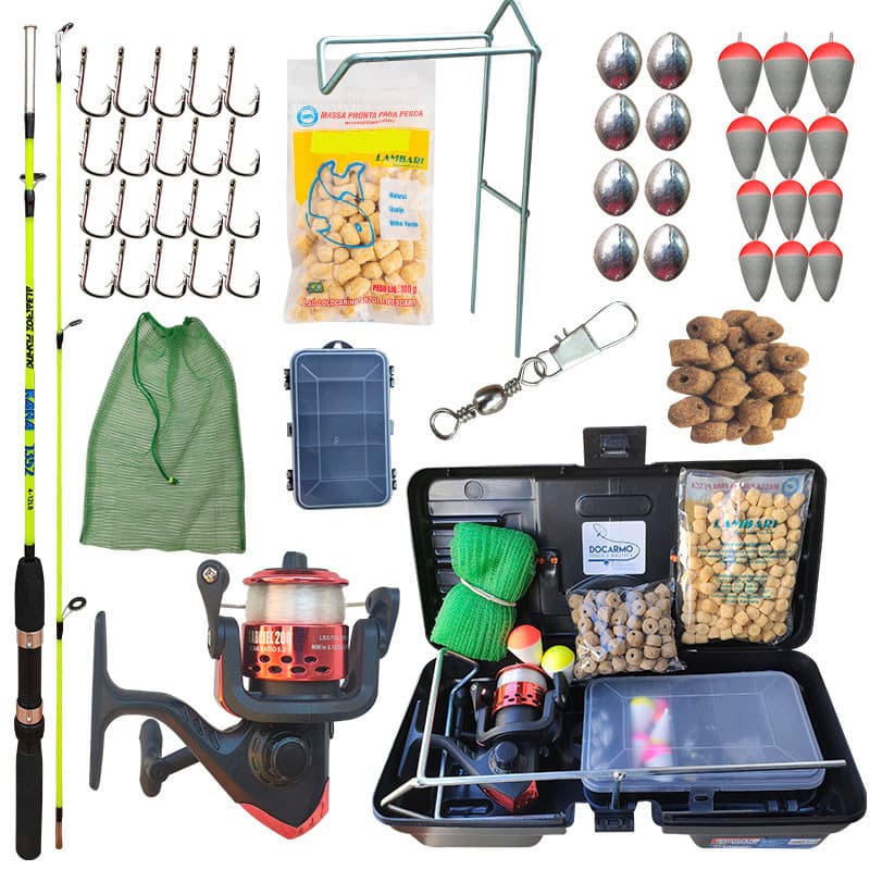 Kit Completo de Pesca com Maleta + Molinete + Boias + Massas + Samburá  Iscas Pronto para Pescar