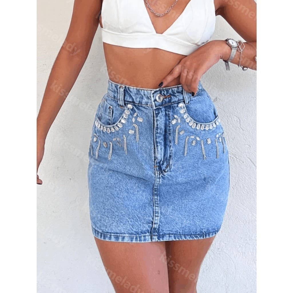 Janejeans5016 saia Jeans feminino alça poliamida saia casual com bolso com brilho p38 m 40 g 42 5016
