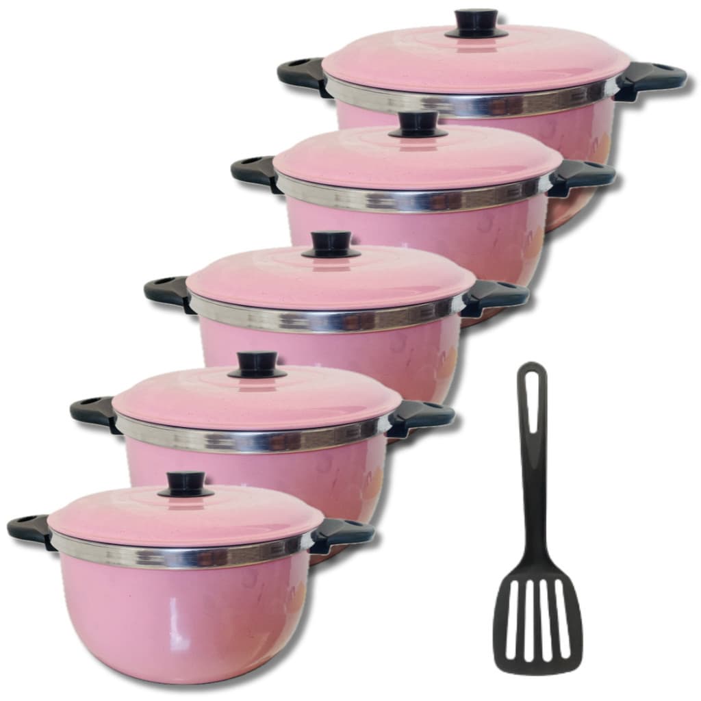 Jogo de Panelas Caçarolas 5 peças em Alumínio Grosso na Cor ROSA,1 ESPÁTULA