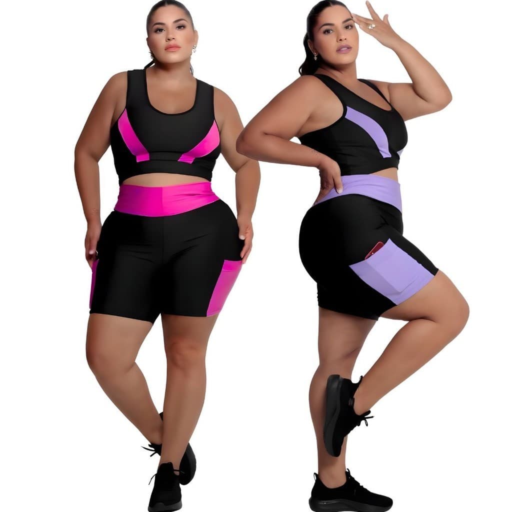 Conjunto Fitness Feminino Short com bolso + Top alta sustentação Plus Size G ao EXGG Modelo Curves