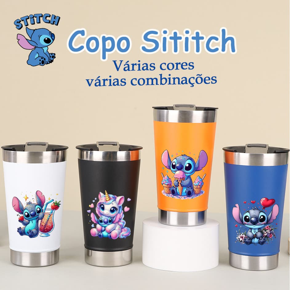 Copo Stitich termico 473ML Para Cerveja Café Chá Com Tampa e Abridor