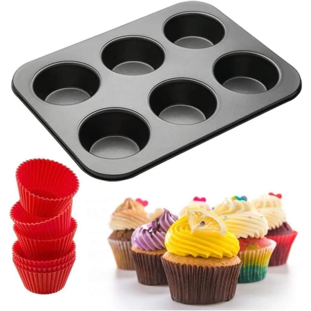 Forma para 6 Cupcakes Em Aço Carbono com antiaderente 26 x 18 x 3 Cm