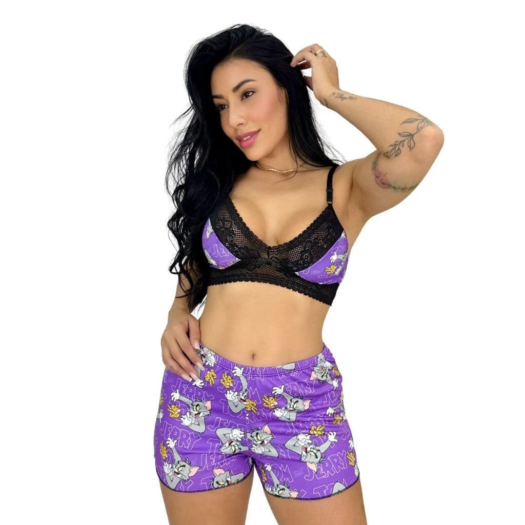 Baby Dol Estampado Short Cropped Renda Pijama Feminino Personagens Conjunto Dormir 644