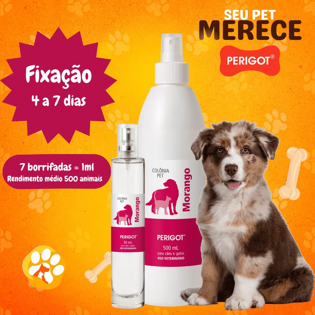 Perfume Alta Fixação Colônia Morango Profissional Perigot 50ml e 500ml  para Cães e Gatos