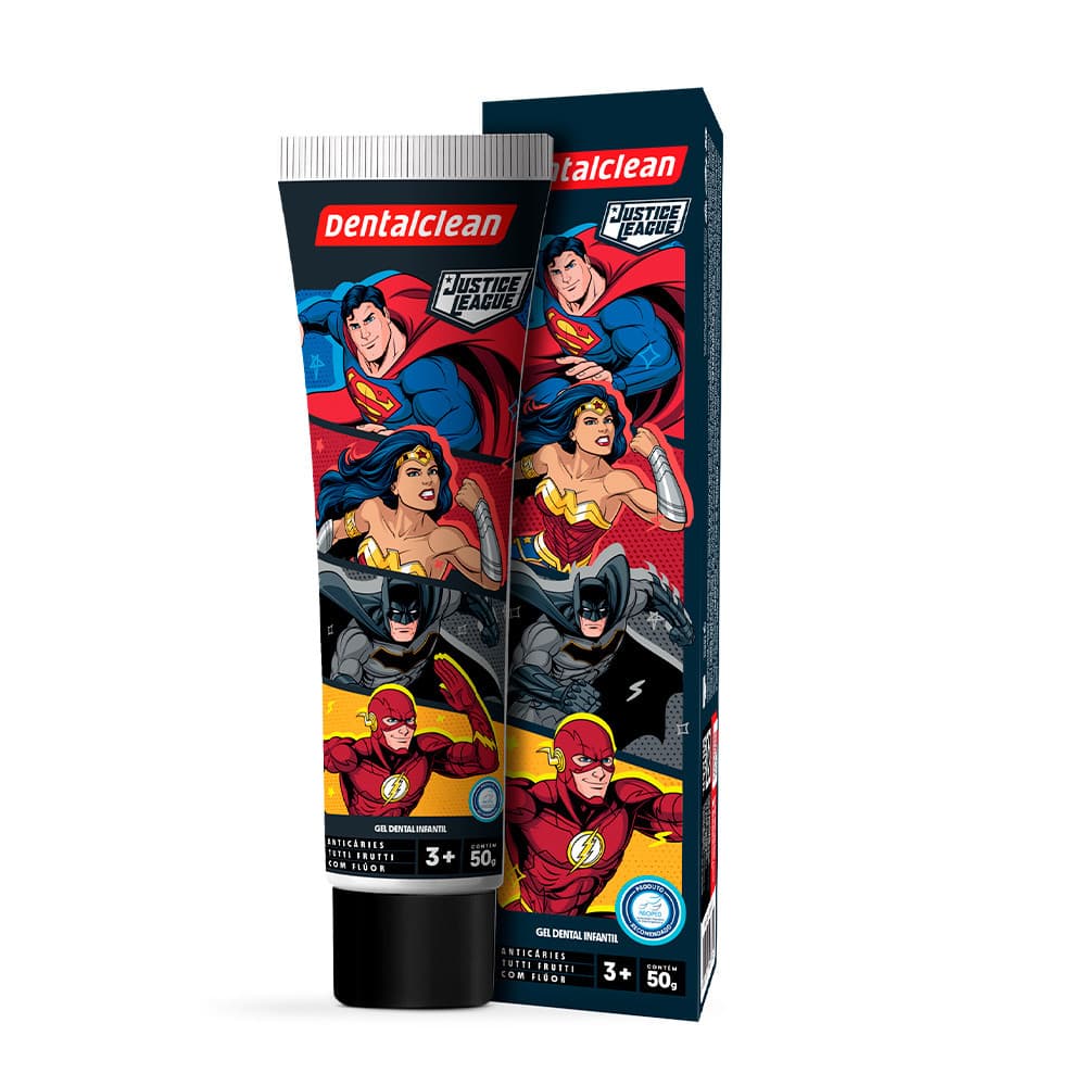 Pasta de Dente Infantil Gel com Flúor 50g Heróis DC Liga da Justiça Creme Dental Dentalclean