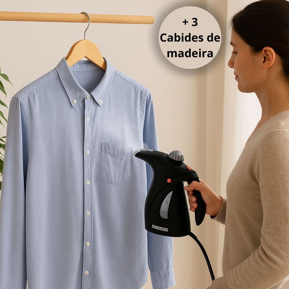 Kit passadeira vapor 110v 800w 200ml passar roupa + 3 cabide madeira invernizado