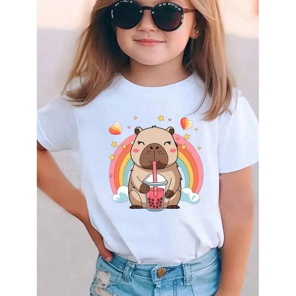Blusinha Infantil Capivara ARCO IRIS Camiseta Básica Meninas de Manga Curta com Estampa Personalizada