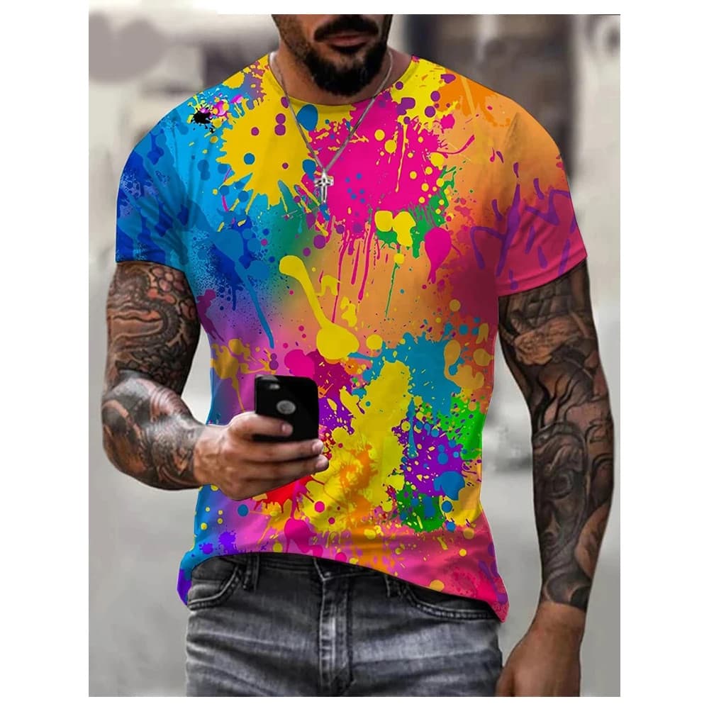 Moda Nova Pintura Arco-Íris Respingo Masculino Impresso Camiseta Hip Hop Rua Harajuku Em Torno Do Pescoço Confortável Ma