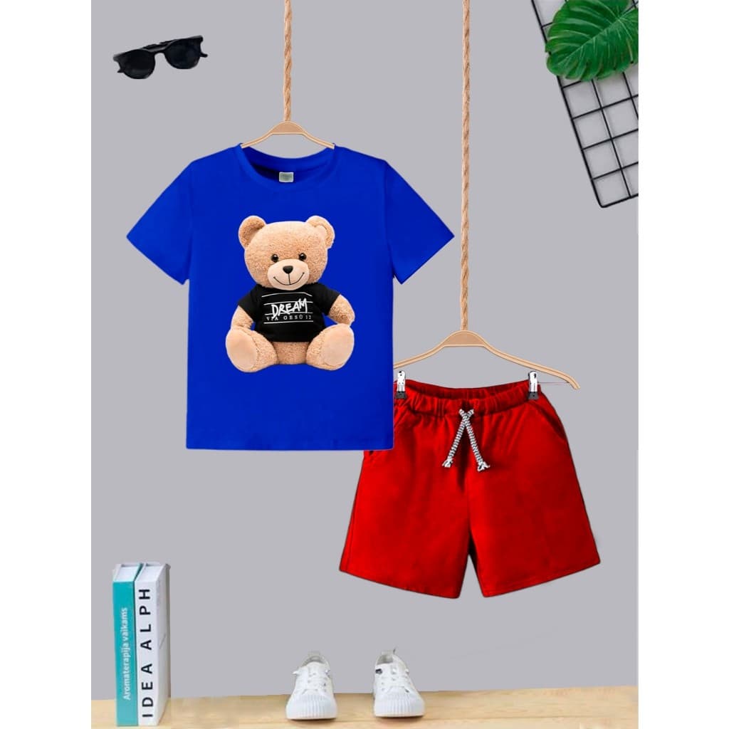 Conjunto Camiseta Algodão + Bermuda Vermelha Com Bolso Dream Bear Infantil Juvenil Moda