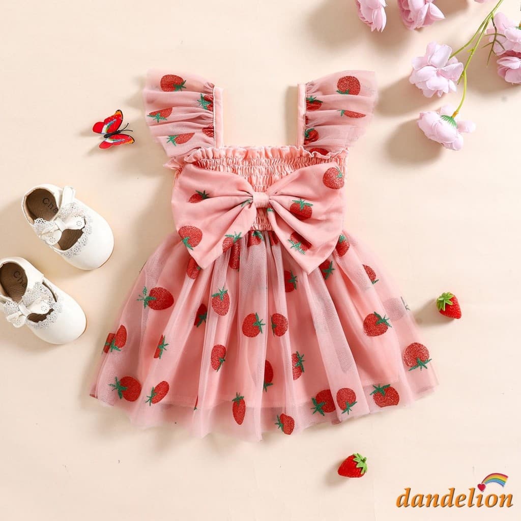 Vestido De Tule Princesa Com Estampa De Morango E Manga Plissada Para Bebês Meninas