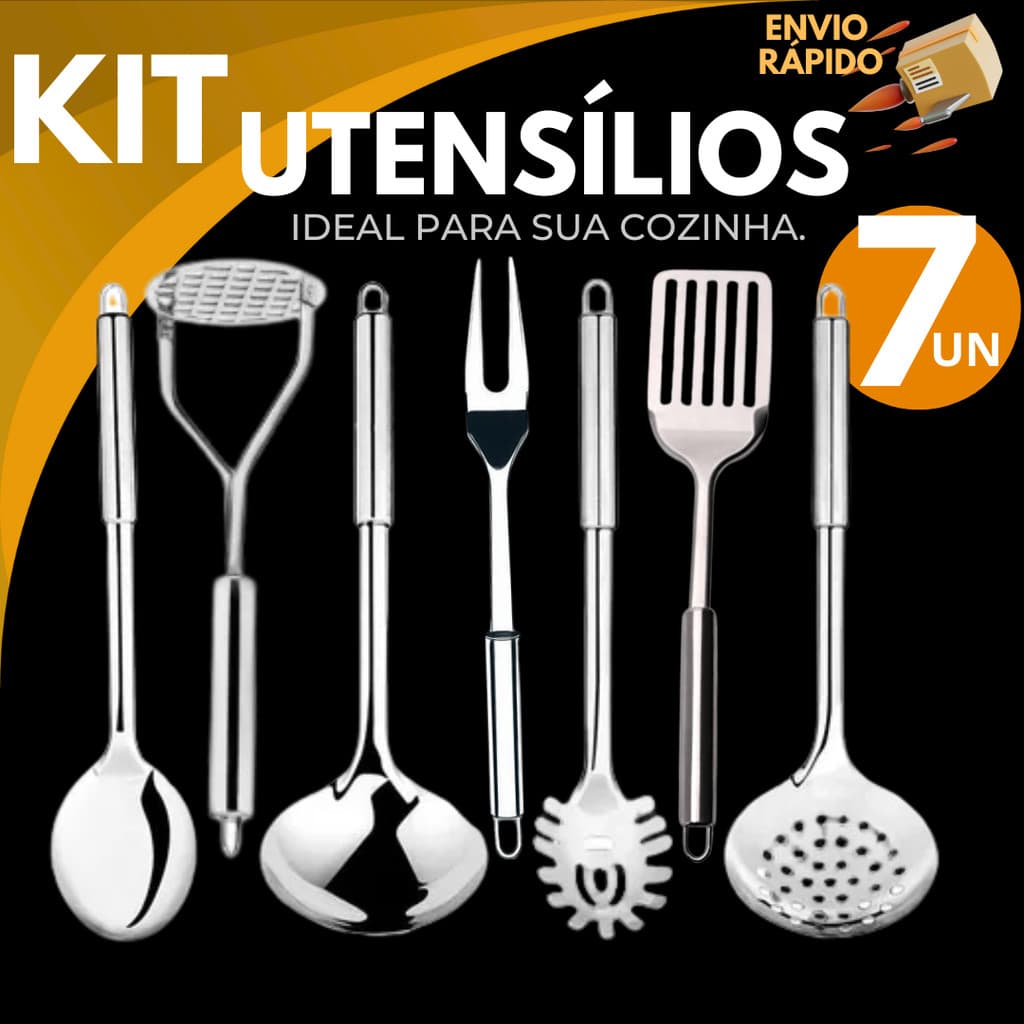 7 Utensílios Kit Premium Para Cozinha  Inox Colher Concha Espátula Escumadeira Pegador Garfo