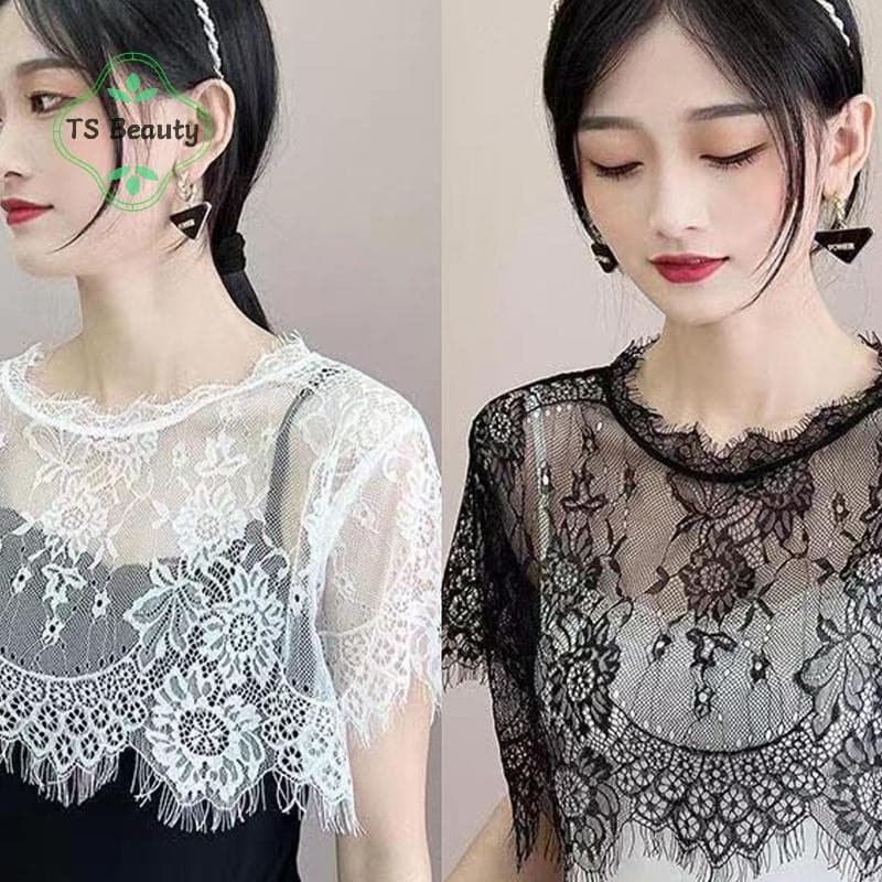 TS FASHION Mulheres Gola Falsa Destacável Meia Camisa Doce Crochê Transparente Floral Renda Capa .