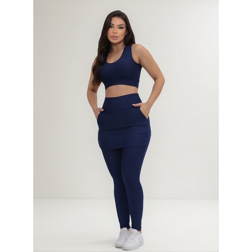 Calça Legging Saia Conjunto Com Top E Bolsos Feminino