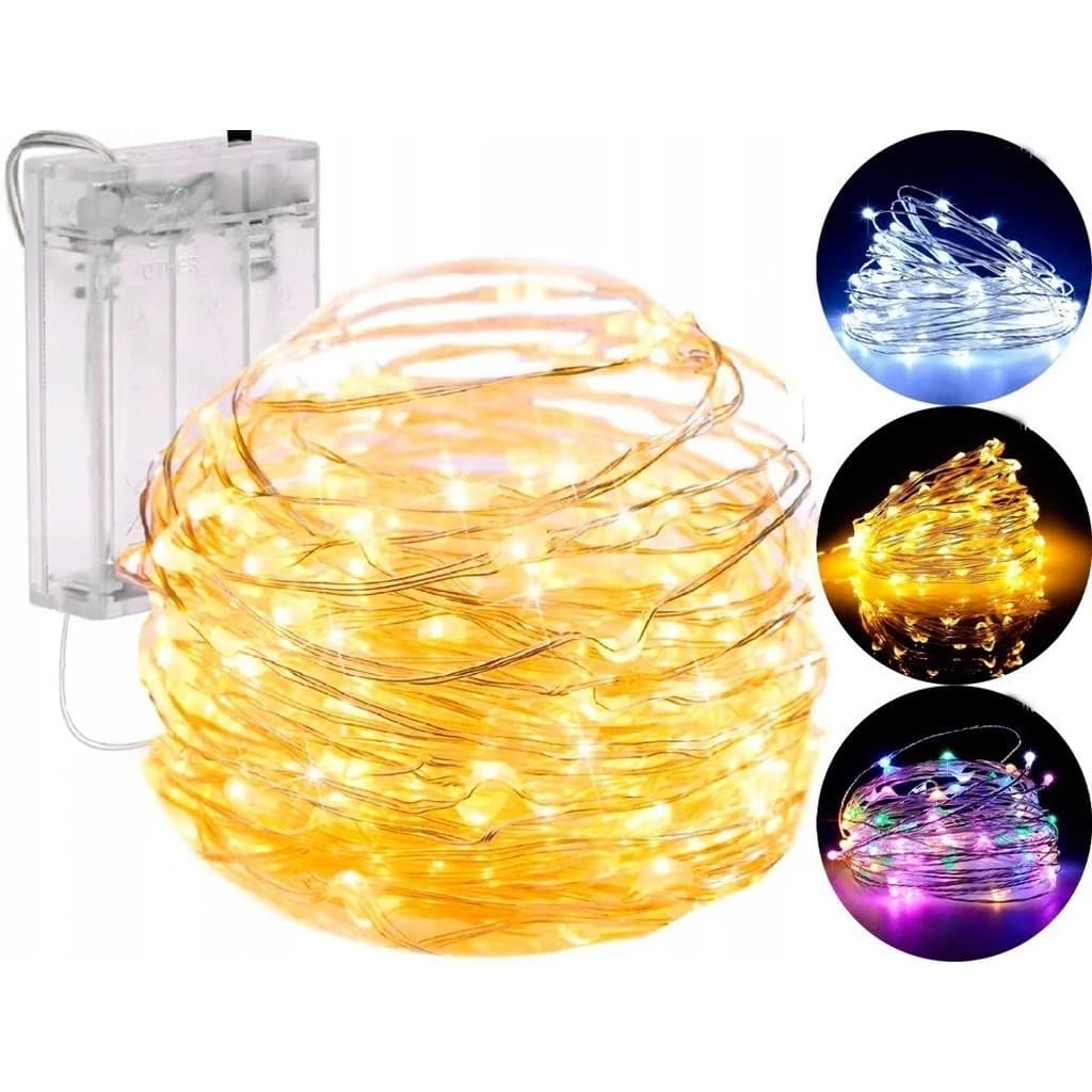 Fio Fada Cordão De Led 10m 100 Leds Fixo Pilha Branco Quente Colorido