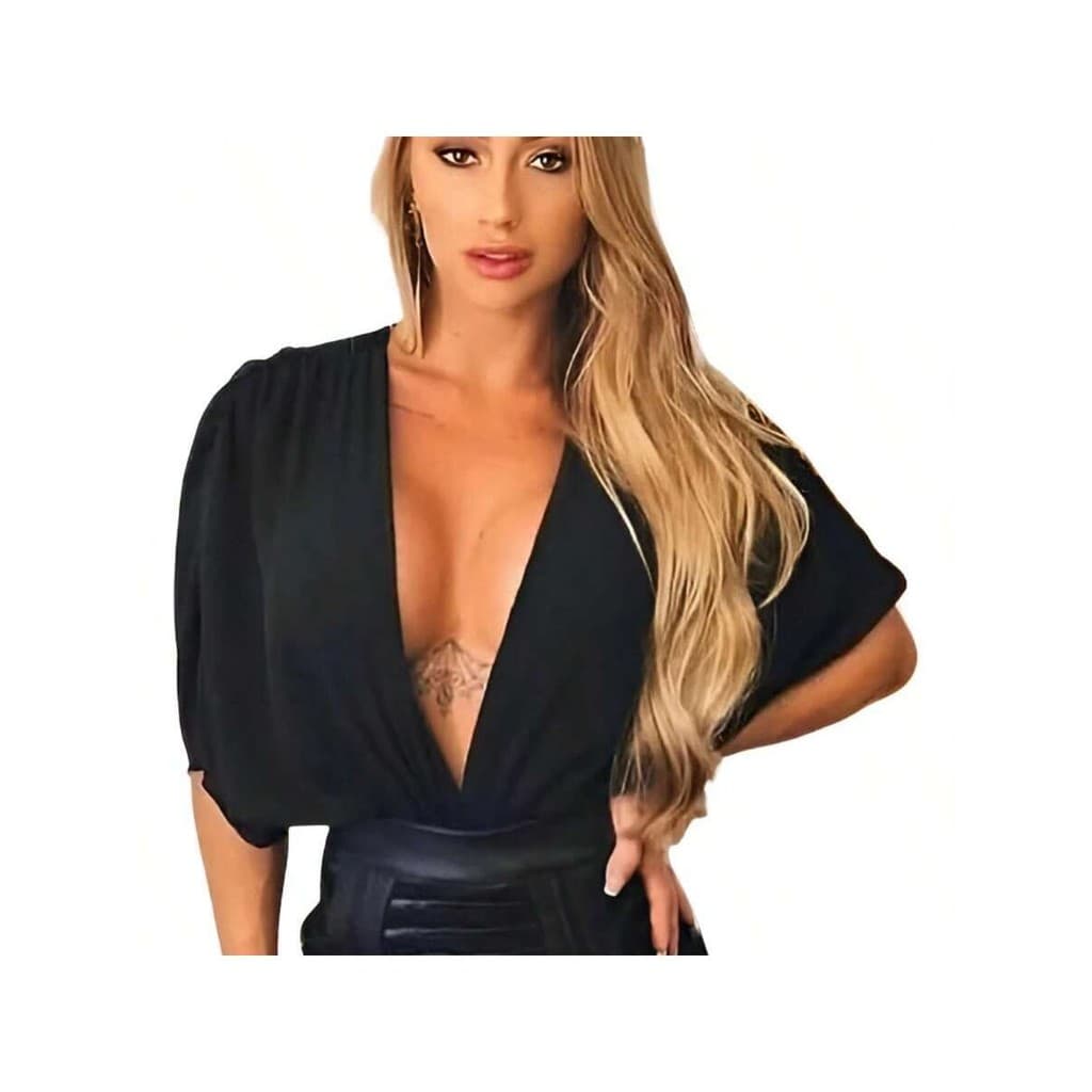 Body Manga Morcego Decote Profundo V Plus Size